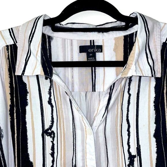 Erika stripe print collar button front blouse in neutral colors size 2X - Picture 2 of 10